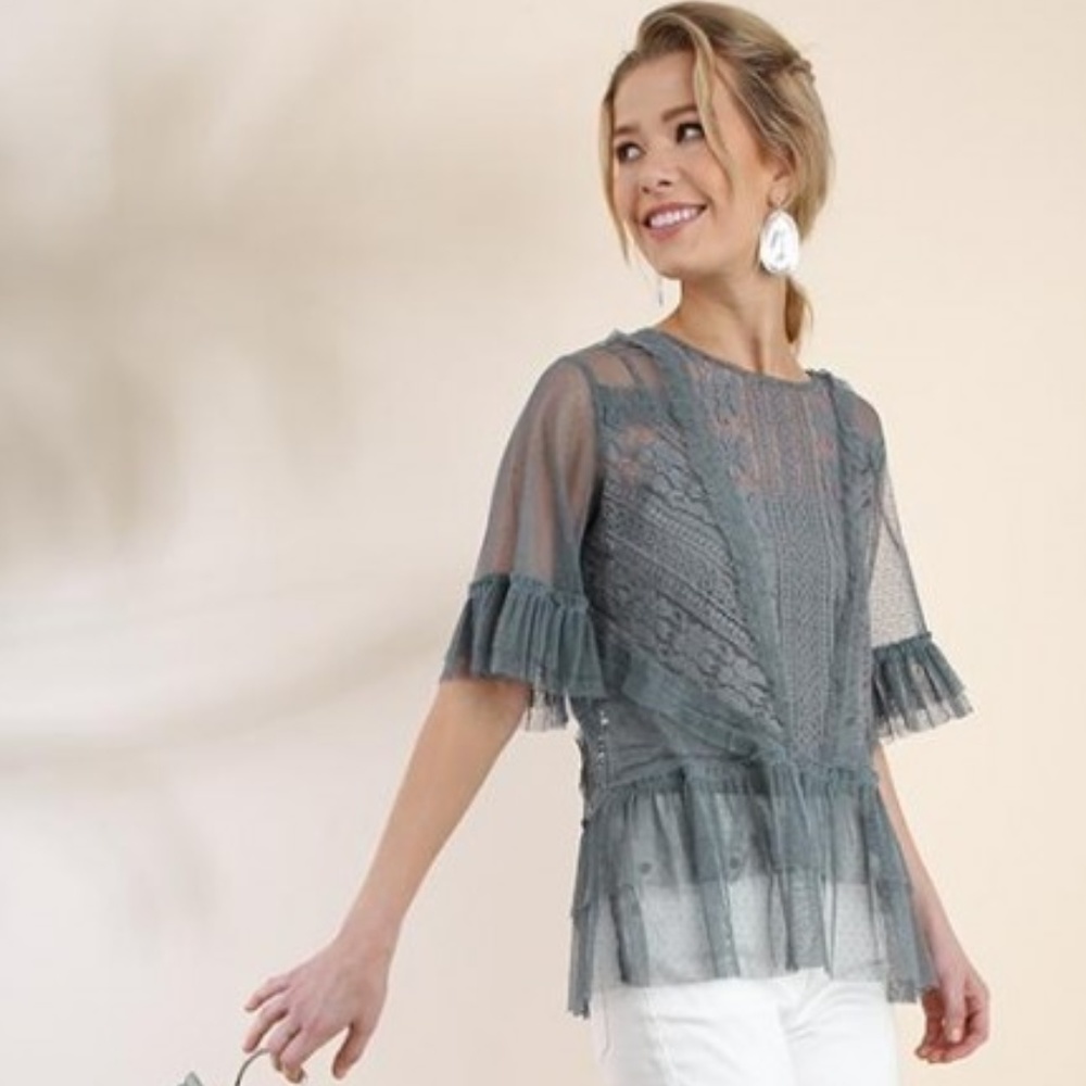 Umgee Gray Ruffled Sheer Lace Short Sleeve Top